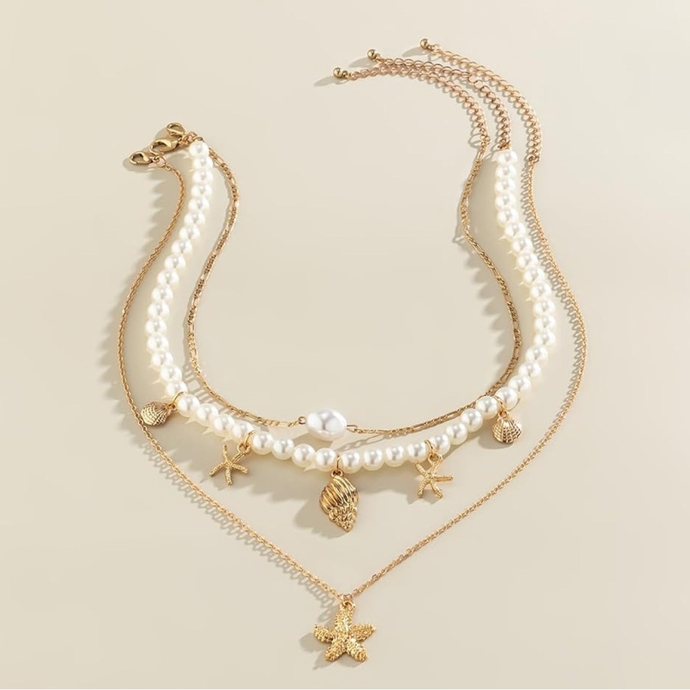 Three Piece Dainty Faux Pearl Seashell Necklace Set Starfish Gold Accent